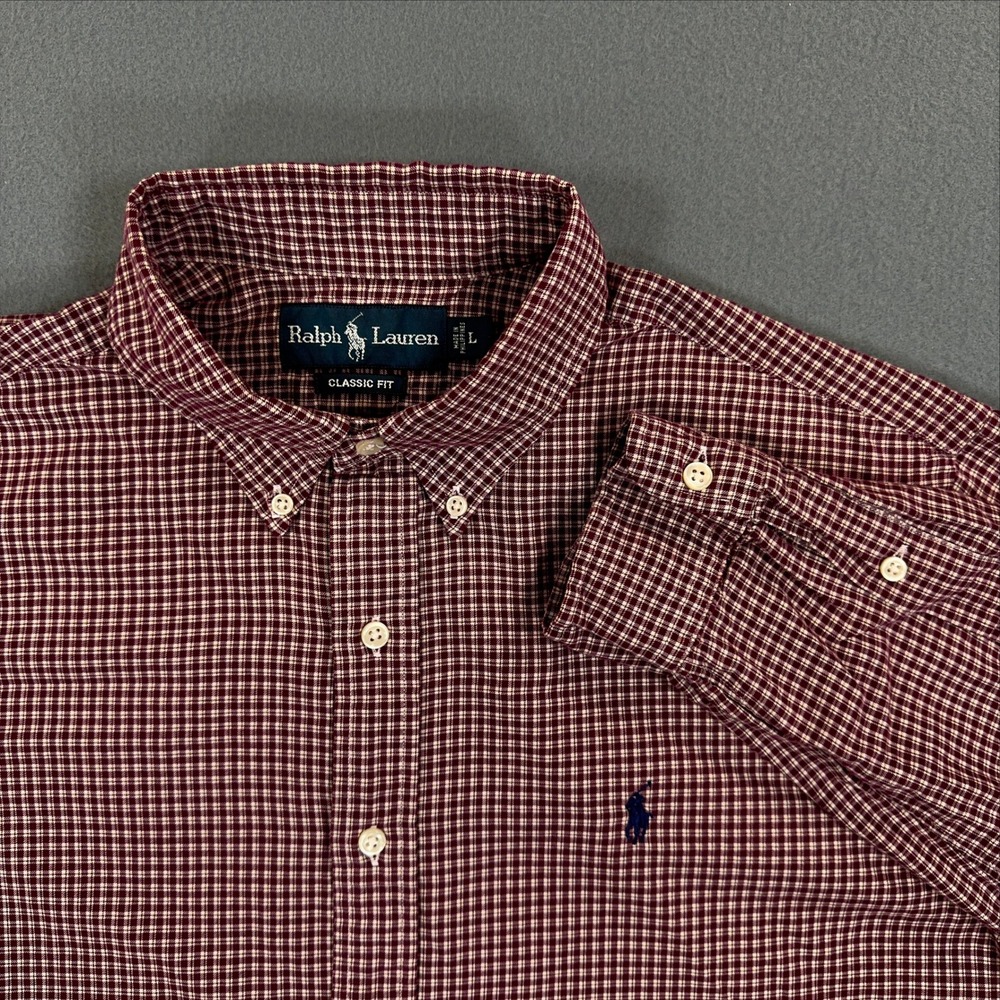 Ralph Lauren Classic Fit Mens Burgundy White Check Button Down Shirt Large
